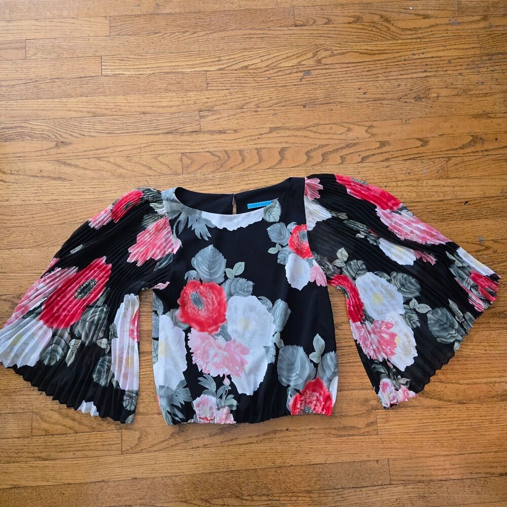Alice + Olivia Floral Accordion Pleat Long Sleeve Silk Blend Top Size Small